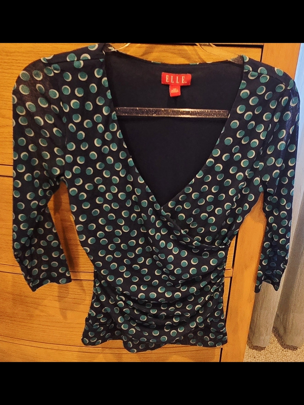 ELLE Women's Navy Blue Polka Dot Wrap Top, Like New, Women's XS